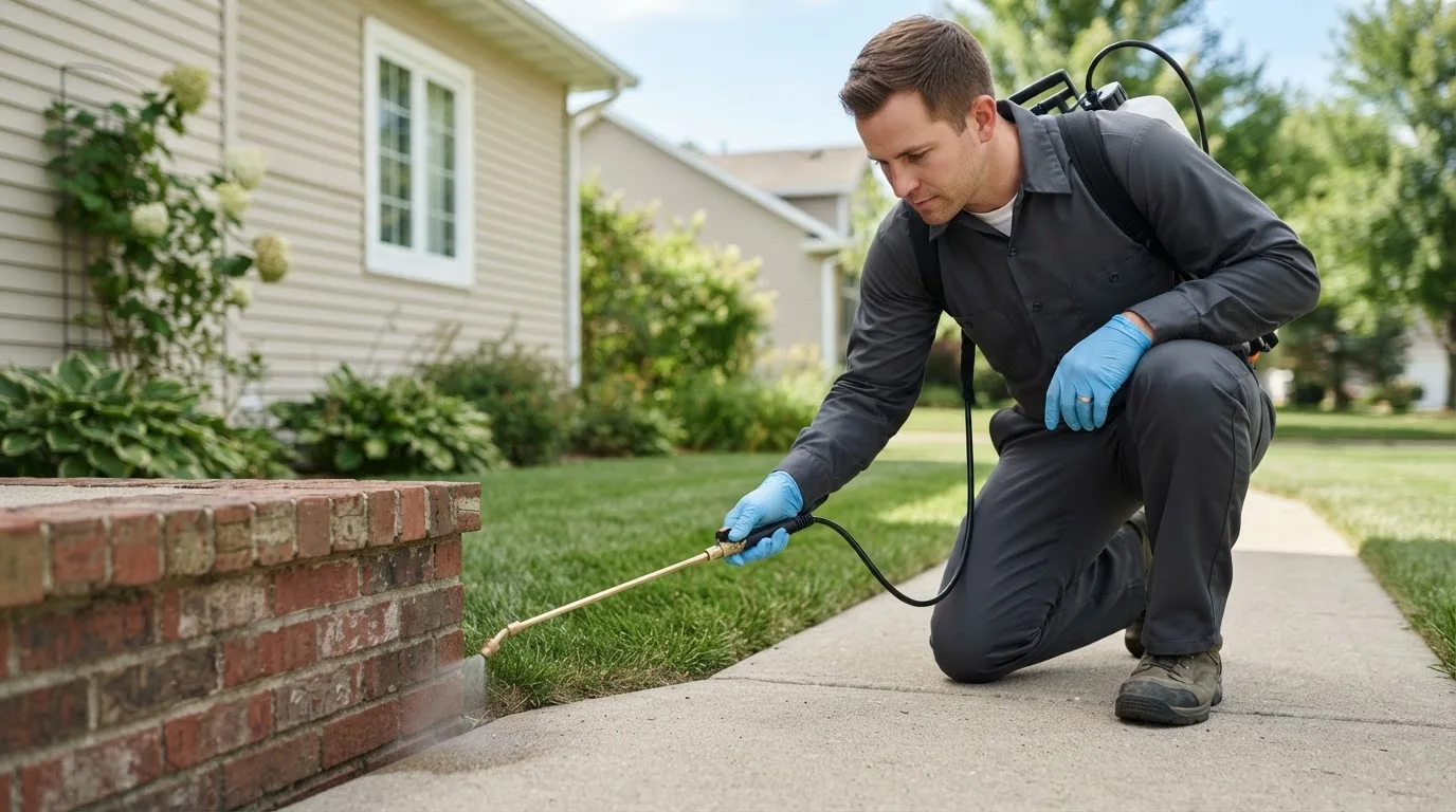 Pest control technician treating a home near Haverhill, IA