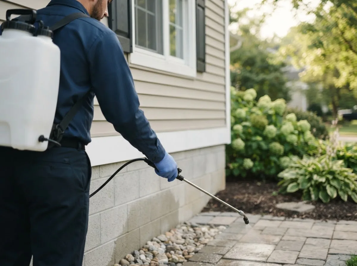 Pest control technician inspecting a home in Haverhill, IA